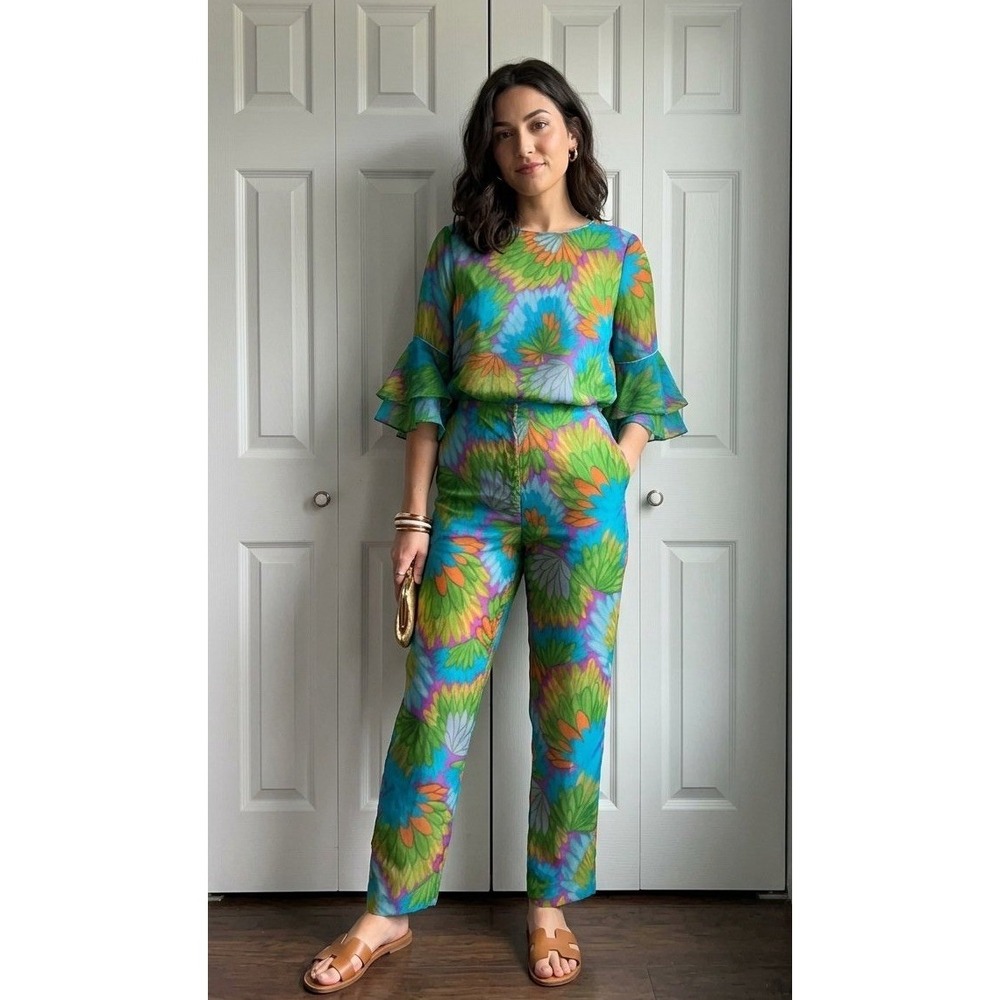 Vintage 60s Blue Purple Floral Hippie Short Sleeve Ruffled Pant Suit - XS/24"